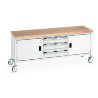 Etabli roulant monobloc Cubio - plateau hêtre 2 portes et tiroir - Bott