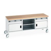 Etabli roulant Cubio - plateau hêtre 2 portes - tiroir et tablette - Bott