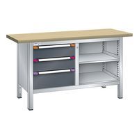 Établi compact hêtre 150x70x85 cm 2 étagères 3 tiroirs Thurmetall