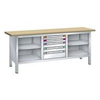 Établi compact hêtre 200x70x85 cm 4 étagères 5 tiroirs Thurmetall