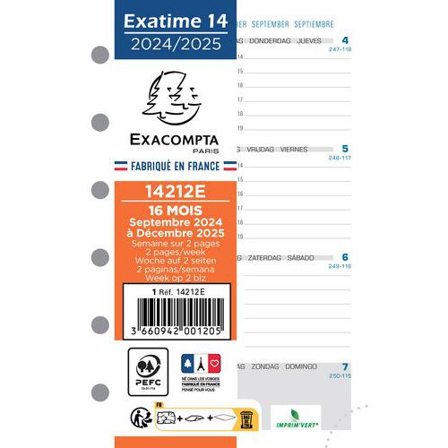 Recharge semainier Exatime 14 - Septembre 2025-2026 - Exacompta