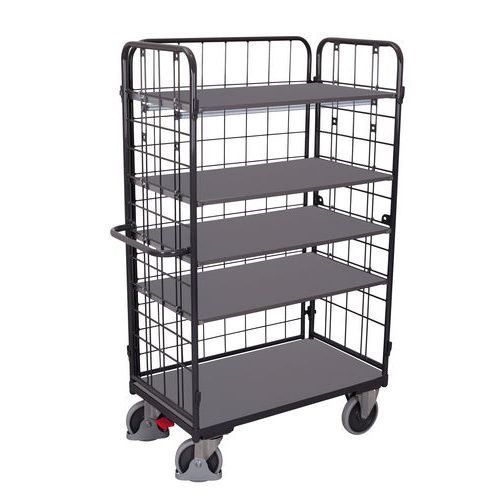 Chariot haut ergonomique grillagé 5 plateaux bois - Capacité 500 Kg