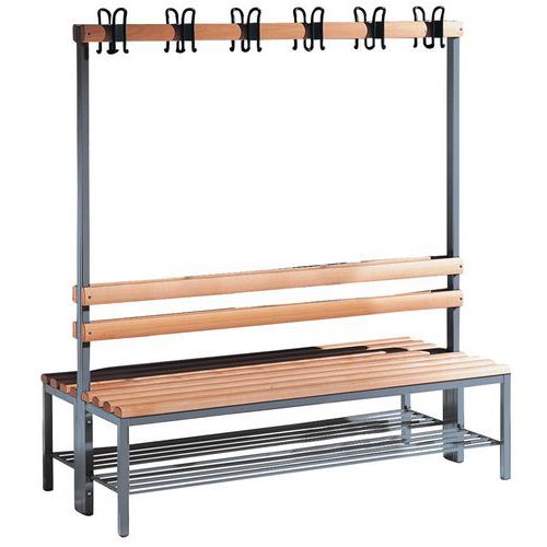 Banc bois - 8 à 16 patères - Double face - Avec grille chaussures - CP