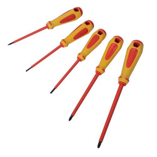 Jeu de 5 tournevis Samsoforce isolés 1000V fente et Pozidriv Jeu de 5 tournevis Samsoforce isolés 1000V fente et Pozidriv