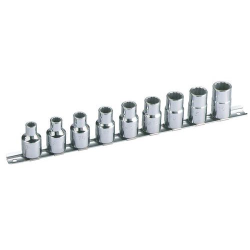 Jeu de 9 douilles courtes 1/2 sur rack de rangement Jeu de 9 douilles courtes 1/2 sur rack de rangement