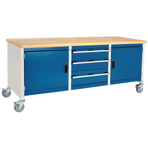 Etabli roulant monobloc Cubio - plateau hêtre 2 portes et tiroir - Bott