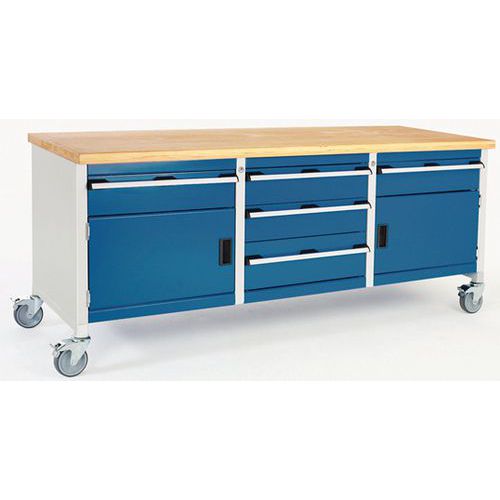 Etabli roulant monobloc Cubio - plateau linoléum 2 portes et tiroirs - Bott