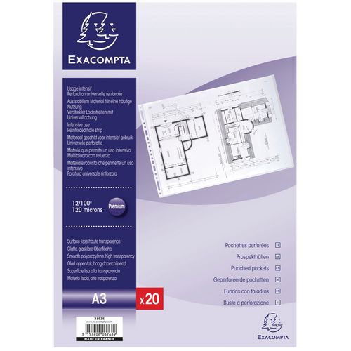Sachet de 10 pochettes perforées pvc lisse A3 horizontal Sachet de 10 pochettes perforées pvc lisse A3 horizontal