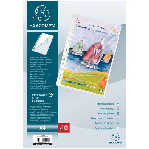 Sachet de 10 pochettes perforées ouverture haut et côté A4 Sachet de 10 pochettes perforées ouverture haut et côté A4