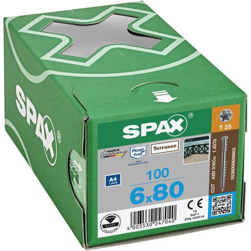 Boite de 100 vis pour terrasse à tête cylindrique TX Ø 6 mm - Spax Boite de 100 vis pour terrasse à tête cylindrique TX Ø 6 mm - Spax