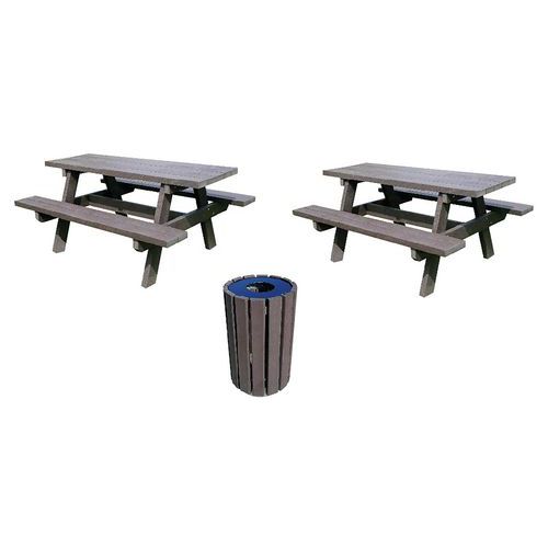Set 2 tables-bancs Parc + 1 poubelle avec couvercle - Manutan