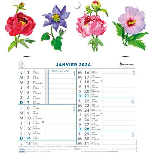 Calendrier mensuel 2024 Fleurs sur plaque 27,5 x 30,5 - Exacompta