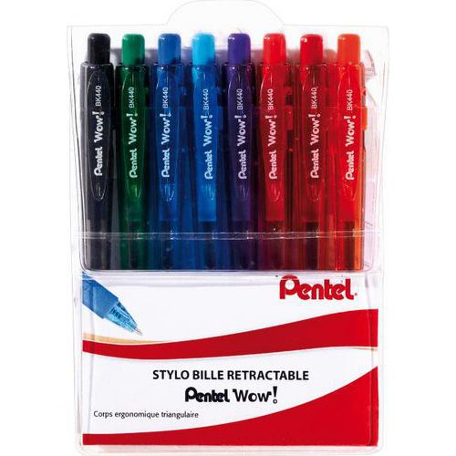 Pochette 8 stylos bille rétractable grip pointe 1 mm - Pentel