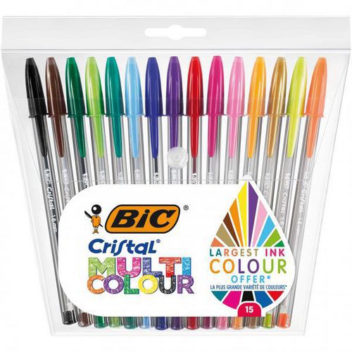 Pochette 15 stylos bille moyenne cristal multicouleur - Bic