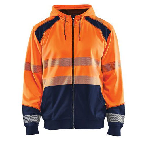 Sweat zippé à capuche haute visibilité orange fluorescent/marine