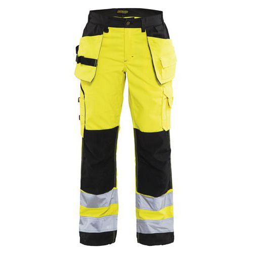 Pantalon haute visibilité femme jaune fluorescent/noir, poches larges