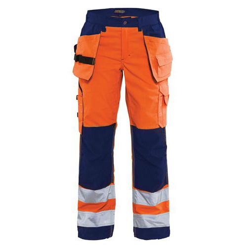 Pantalon haute visibilité femme orange fluo/marine, poches larges