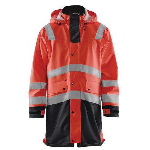 Manteau de pluie haute visibilité niveau 2 rouge fluorescent/noir