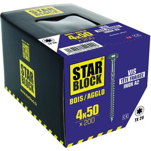 Vis inox A2 à tête fraisée Torx - Boîte de 200 - Starblock