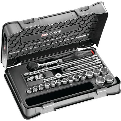 Coffret douilles 3/8 pouces 12 pans - 20 pièces cliquet manche rotatif Coffret douilles 3/8 pouces 12 pans - 20 pièces cliquet manche rotatif