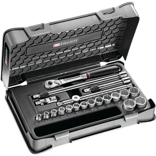 Coffret douilles 3/8 pouces 12 pans - 20 pièces cliquet verrouillage Coffret douilles 3/8 pouces 12 pans - 20 pièces cliquet verrouillage