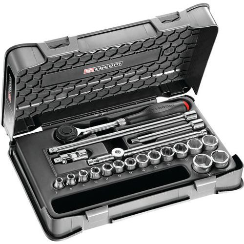 Coffret douilles 3/8 pouces 6 pans - 20 pièces cliquet manche rotatif Coffret douilles 3/8 pouces 6 pans - 20 pièces cliquet manche rotatif