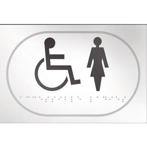 Panneau picto handicapé + femme en relief et en braille