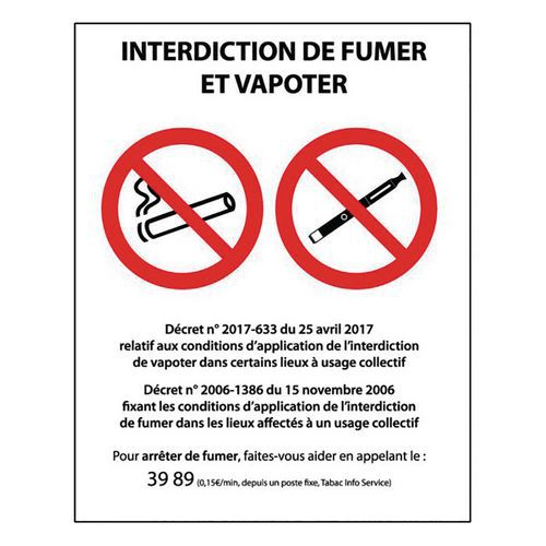 Panneau Interdiction de fumer et vapoter PVC ou autocollant