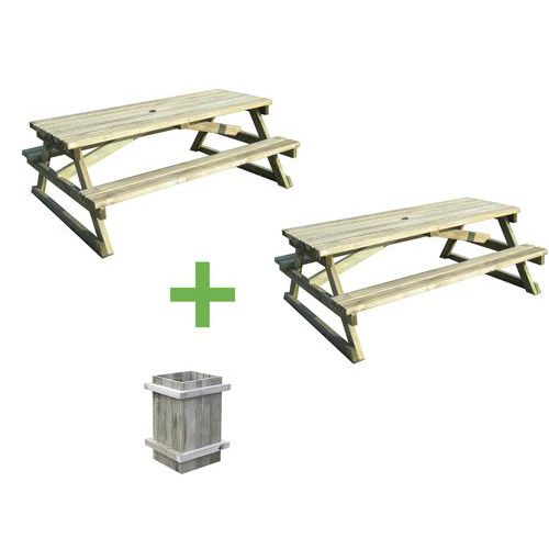 Pack 2 tables bancs bois Ouna + 1 poubelle bois Forestière 50 L Pack 2 tables bancs bois Ouna + 1 poubelle bois Forestière 50 L