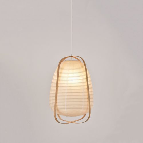 Suspension forme lanterne en papier japonais et bambou blanc