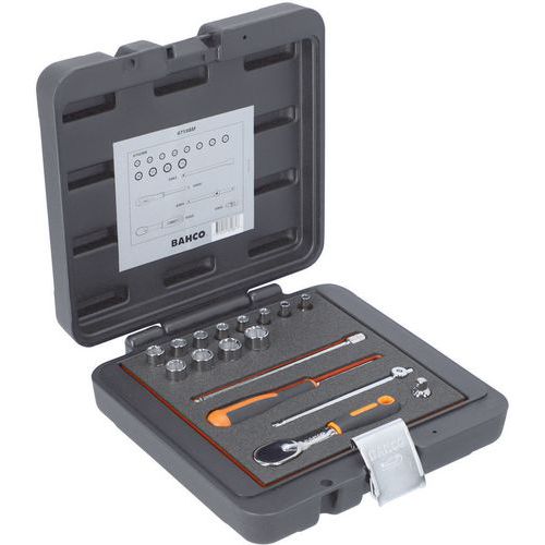 Jeu douilles 1/4 6 pans et cliquet poire/cardan 17 pièces - Bahco Jeu douilles 1/4 6 pans et cliquet poire/cardan 17 pièces - Bahco