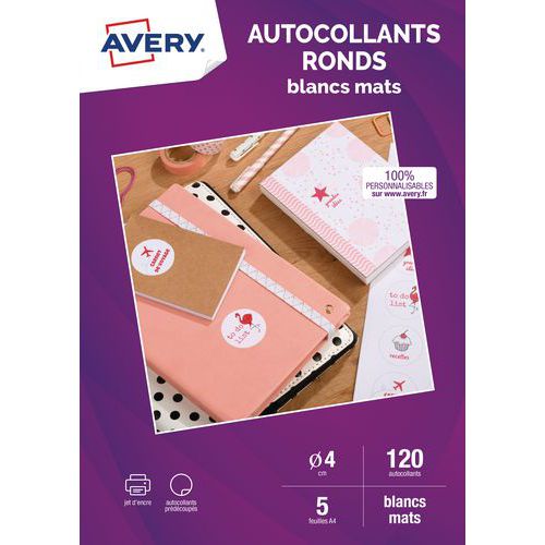 Autocollant rond blanc mat - Ø4cm - Impression jet d'encre - Avery