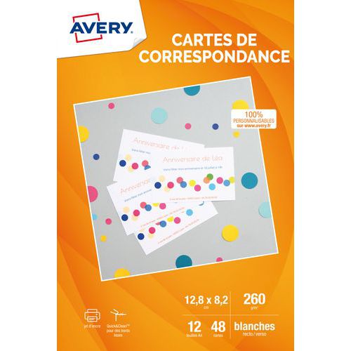 Carte de correspondance mate - 260 g/m - Jet d'encre - Avery