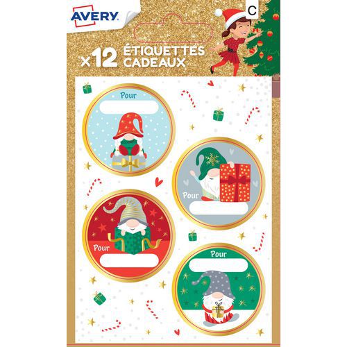 Étiquette cadeau de Noël - Motif lutin et cadeau - Avery