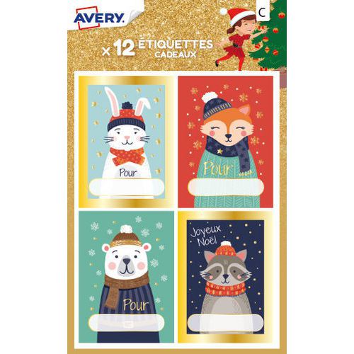 Étiquette cadeau de Noël - Motif renard et raton laveur - Avery