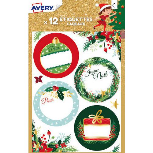 Étiquette cadeau de Noël - Motif traditionnel floral - Avery