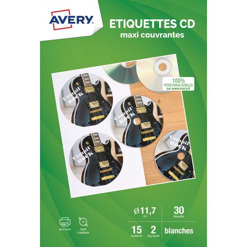Étiquette pour CD maxi couvrante - Jet d'encre - Ø117mm - Avery