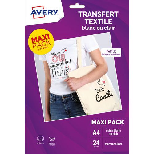Papier transfert pour textile blanc ou clair - Avery
