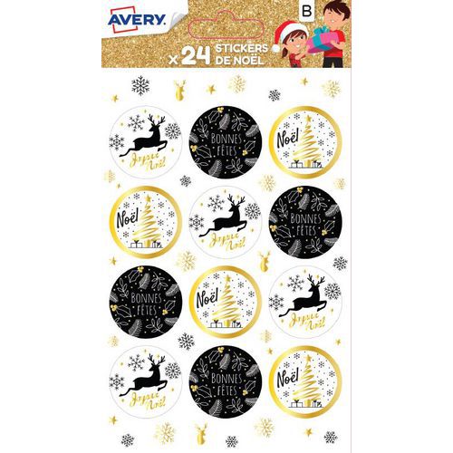 Sticker de Noël rond - Motif scintillant noir et doré - Avery