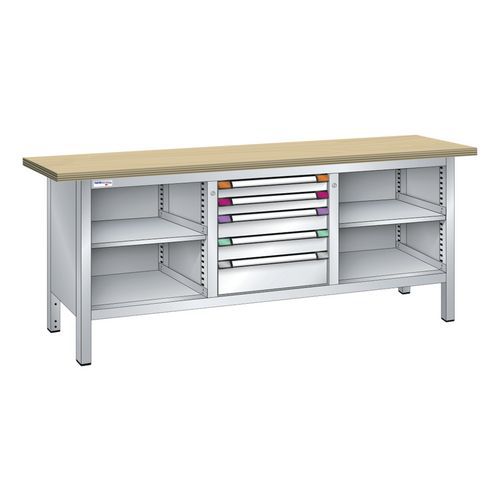 Établi compact hêtre 200x70x85 cm 4 étagères 5 tiroirs Thurmetall