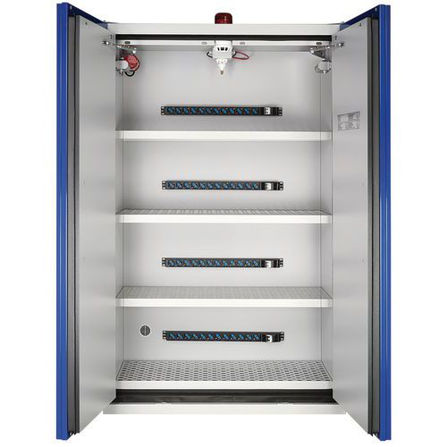 Armoire haute bleue batteries lithium-ion alarme extincteur et prises - Exacta