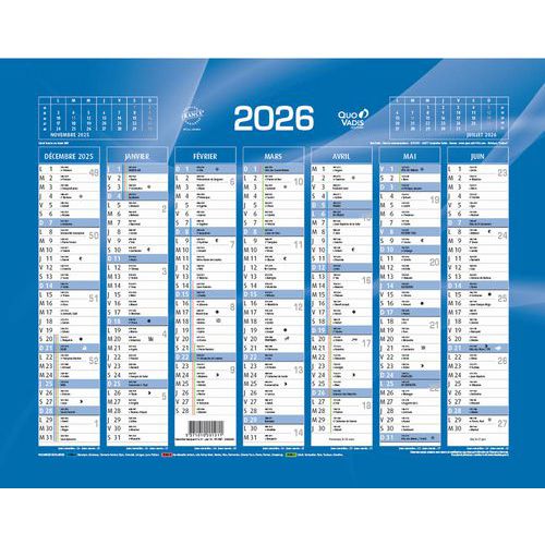 Calendrier banque - Bleu - Année 2026 - Quo Vadis
