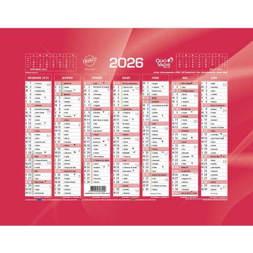 Calendrier banque - Rouge - Année 2026 - Quo Vadis
