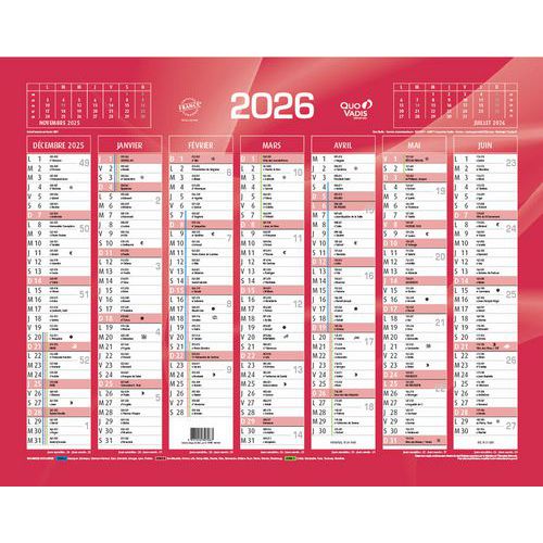 Calendrier banque - Rouge - Année 2026 - Quo Vadis