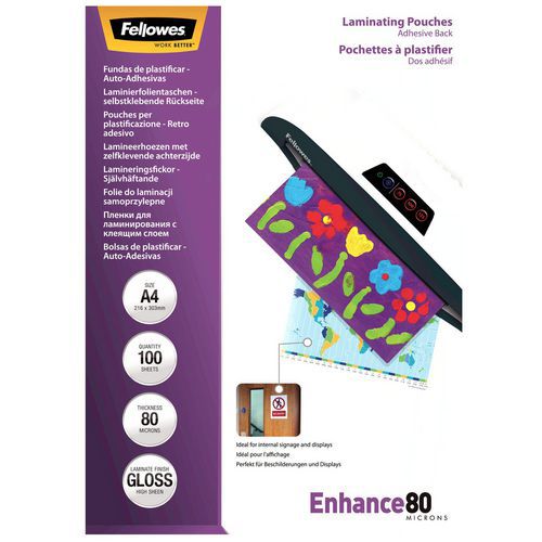 Pochette de plastification dos adhésif A4 - 80µ - Fellowes Pochette de plastification dos adhésif A4 - 80µ - Fellowes