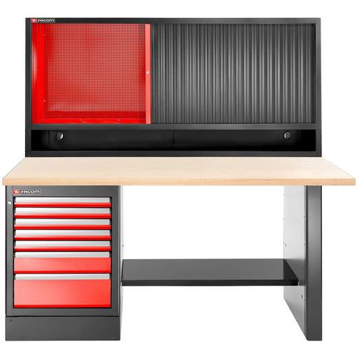 Etabli haut 7 tiroirs avec armoire rideau avec plateau bois - Facom