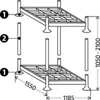 1 - base Manurack livrée en standard : 1 plateau + 4 pieds2 - 4 chandelles de gerbage pour superposition de 2 bases (chandelles non livrées, optionnelles) 1 - base Manurack livrée en standard : 1 plateau + 4 pieds2 - 4 chandelles de gerbage pour superposition de 2 bases (chandelles non livrées, optionnelles)