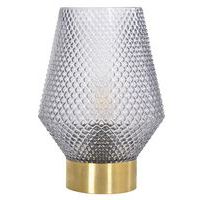 Lampe base ronde en métal finition laiton. Abat-jour en verre fumé