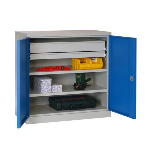 Sofame - Armoire basse d'atelier 2 tiroirs 2 étagères - Acier Gris Clair/Bleu - 600kg Charge Max - Livrée montée