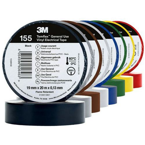 3M - Lot Ruban d'Isolation Électrique Temflex 155 Multicolore 20m x 19mm - Résistant et Durable